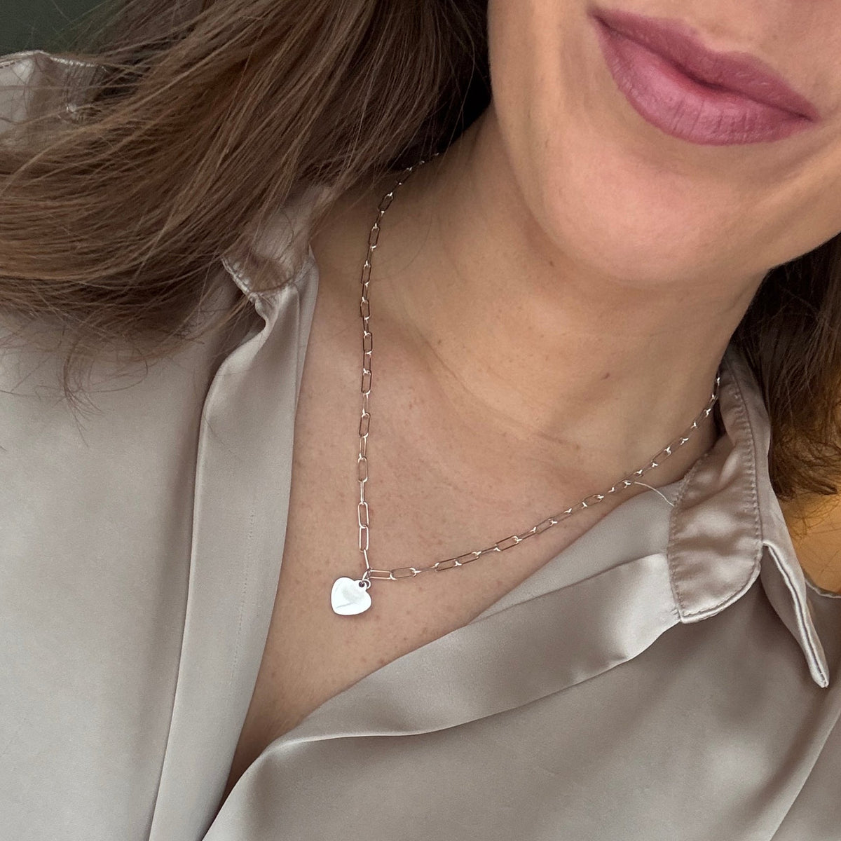 Signature Silver Paperclip Chain Heart Charm Necklace - FREE ENGRAVING