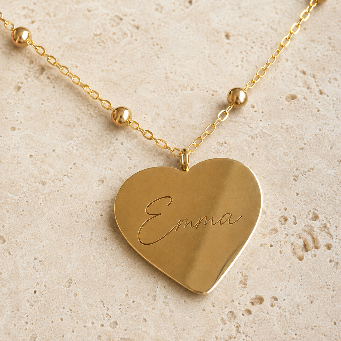 Everyday Gold Plated Large Heart Charm Ball Chain Necklace - FREE ENGRAVING