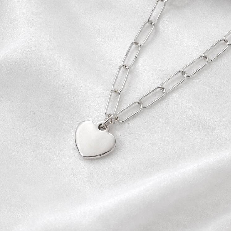 Signature Silver Paperclip Chain Heart Charm Necklace - FREE ENGRAVING