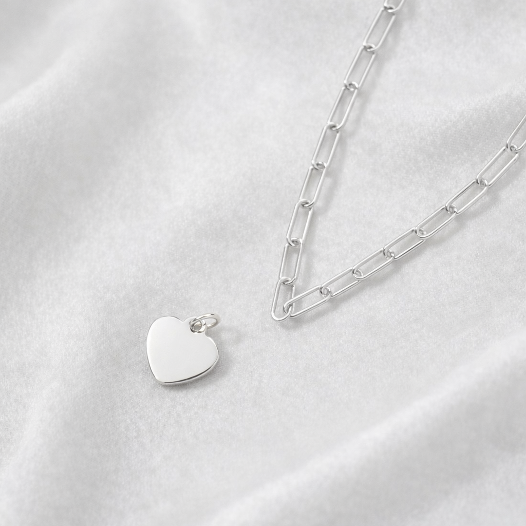 Signature Silver Paperclip Chain Heart Charm Necklace - FREE ENGRAVING
